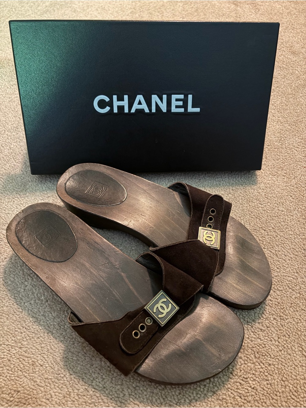 Vintage Chanel Brown Suede Slide Sandals with Gold CC Logo